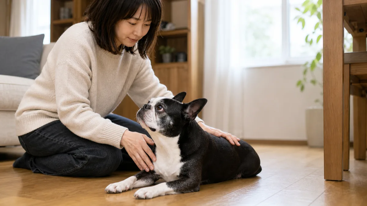 リビングの床で伏せている年齢を重ねたボストン・テリアの胸元と背中に、床に座った飼い主が両手をそっと添えて体つきを確かめている
