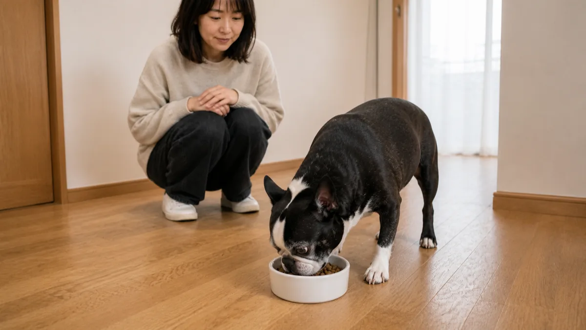 自宅の床に置かれた無地のフードボウルからドライフードを食べている年齢を重ねたボストン・テリアと、少し離れてしゃがみ静かに見守っている飼い主