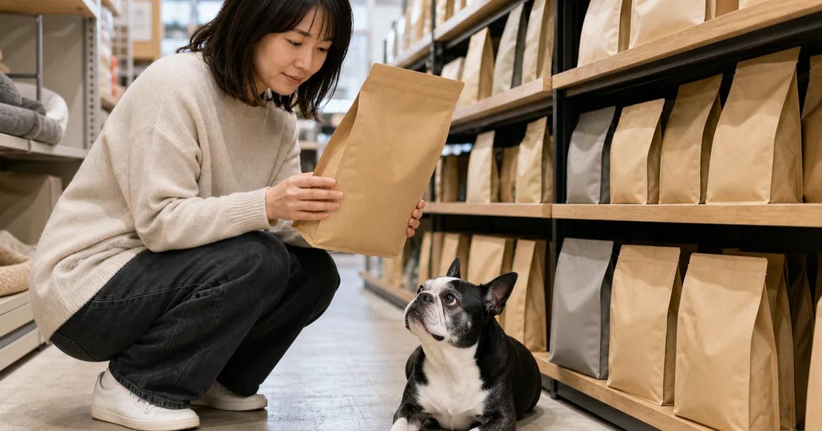 ペット用品店のフード売り場でしゃがんで無地のドッグフードの袋を見ている飼い主と、その足元の床に伏せて手元を見上げている年齢を重ねたボストン・テリア