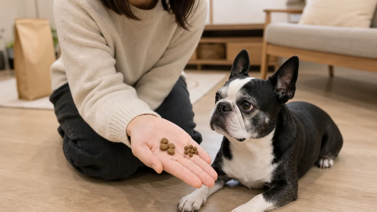 自宅の床でしゃがんだ飼い主が手のひらに大きさの違う2種類の茶色いドライフードの粒を少量ずつ載せて見比べており、そばの床に年齢を重ねたボストン・テリアが伏せて手元を見ている