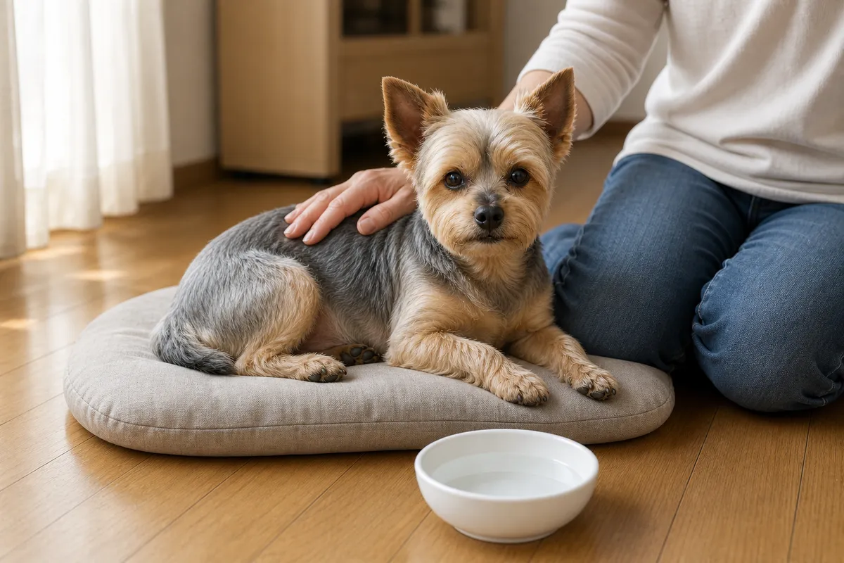 夕方の光が入るリビングで、床に直接置かれた厚手の犬用クッションに落ち着いて休んでいる13歳のヨークシャー・テリアと、床に座って背中にそっと手を添えている飼い主。手前の床には浅い白い水のボウルがある