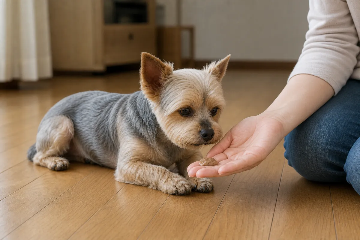 リビングの床に座った飼い主が手のひらにやわらかいフードを少量のせて低く差し出し、床に伏せた13歳のヨークシャー・テリアが自分から鼻先を近づけている