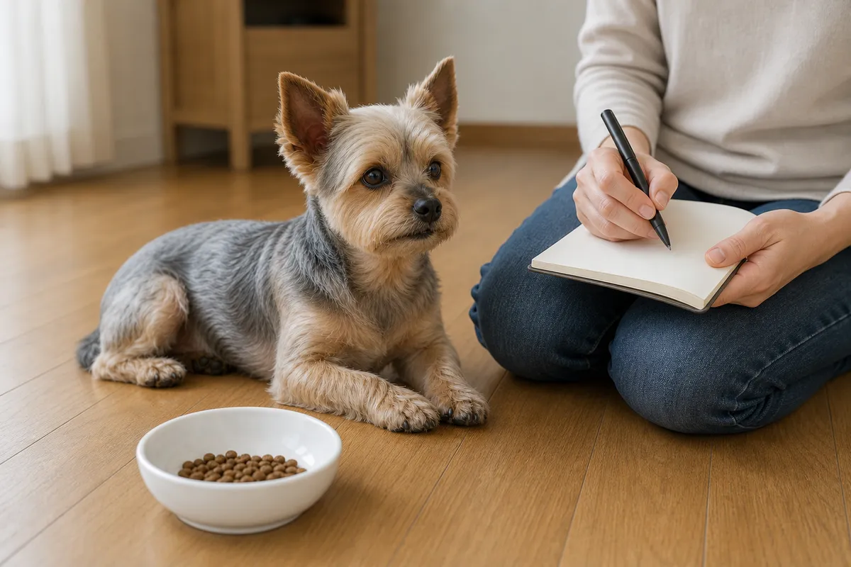 リビングの床に座った飼い主が膝の上の無地のノートにペンで書き込み、そばで13歳のヨークシャー・テリアが伏せている。手前の床にはドライフードが少し残った白いボウルがある