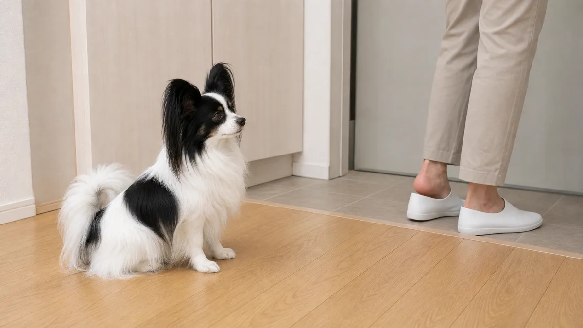 玄関の手前の廊下に座り、靴を履こうとしている飼い主の足元をじっと見ているパピヨン