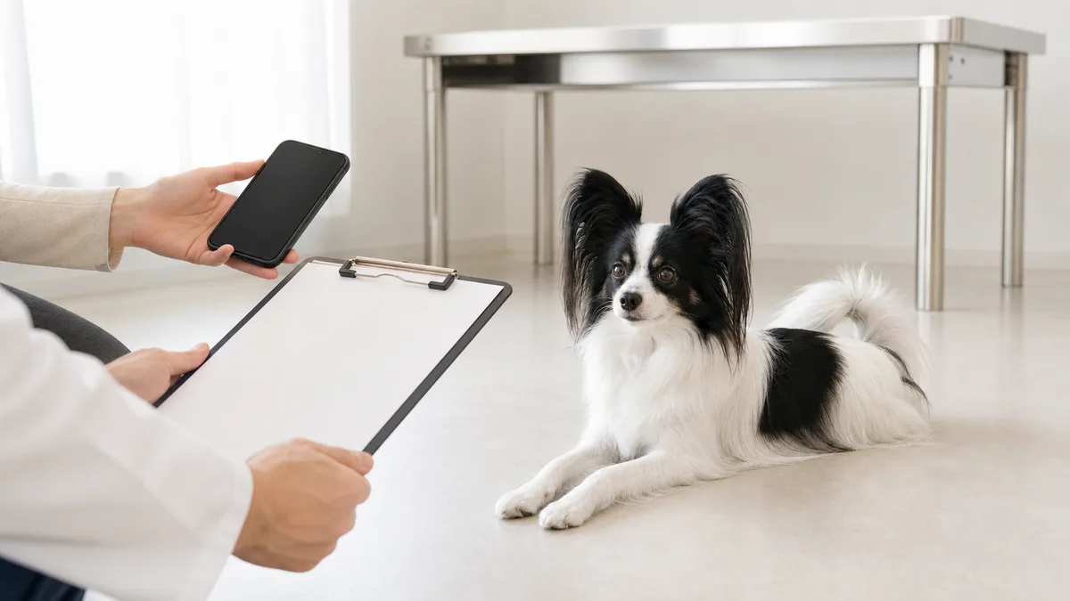 動物病院の診察室の床に落ち着いて伏せているパピヨンと、スマートフォンの映像を見せる飼い主の手元、白衣の獣医師の手元
