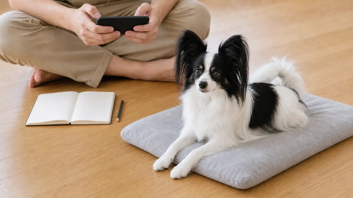 リビングの床に座った飼い主が手元のスマートフォンで留守中の録画を見返し、そばのマットでパピヨンが伏せている