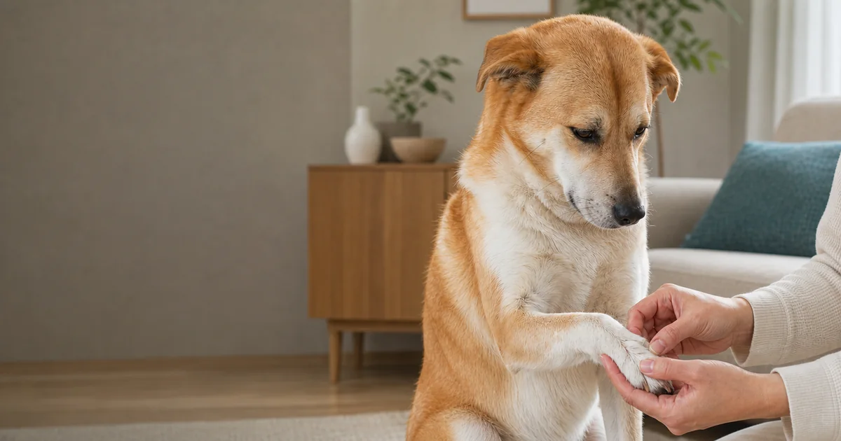 飼い主が室内で犬の前足の皮膚をやさしく確認している
