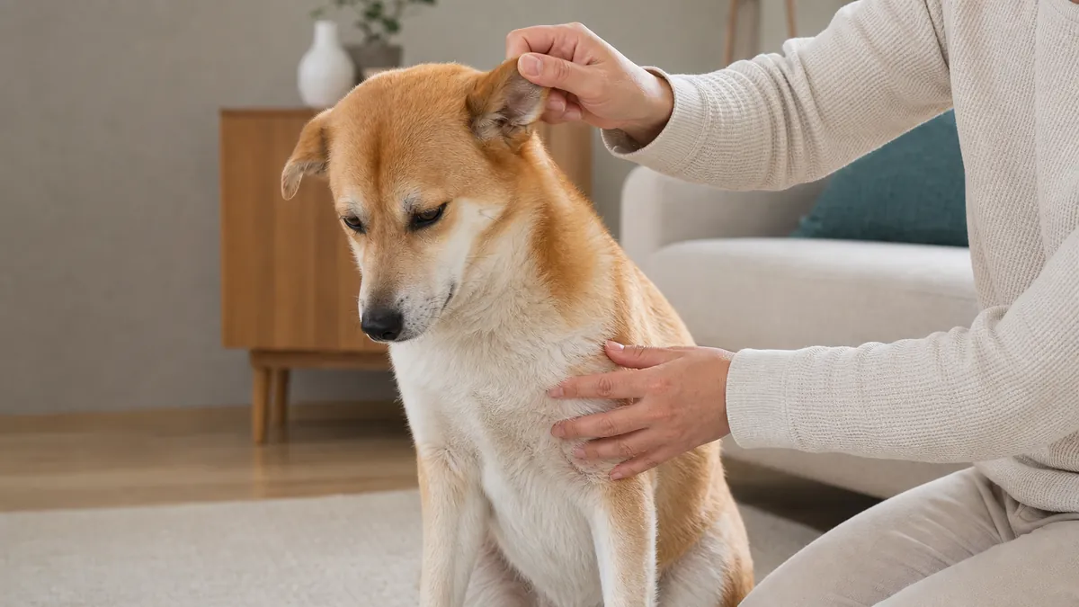 柴犬の耳と首まわりを飼い主が明るい室内で順に観察している