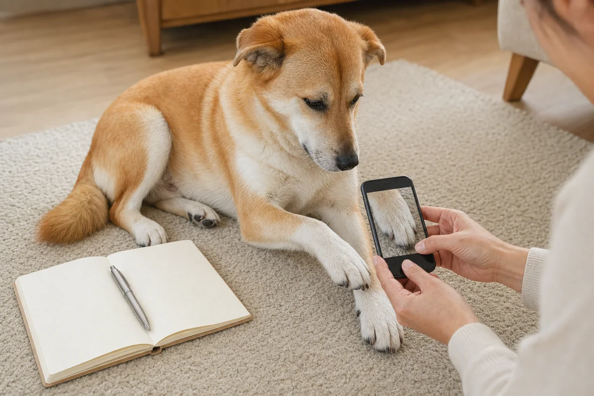 犬の前足をスマートフォンで撮影し、ノートに記録する準備をする飼い主