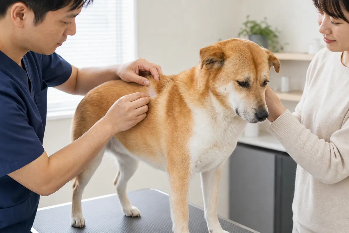 診察台の柴犬の皮膚を獣医師が落ち着いて確認し、飼い主がそばで見守っている