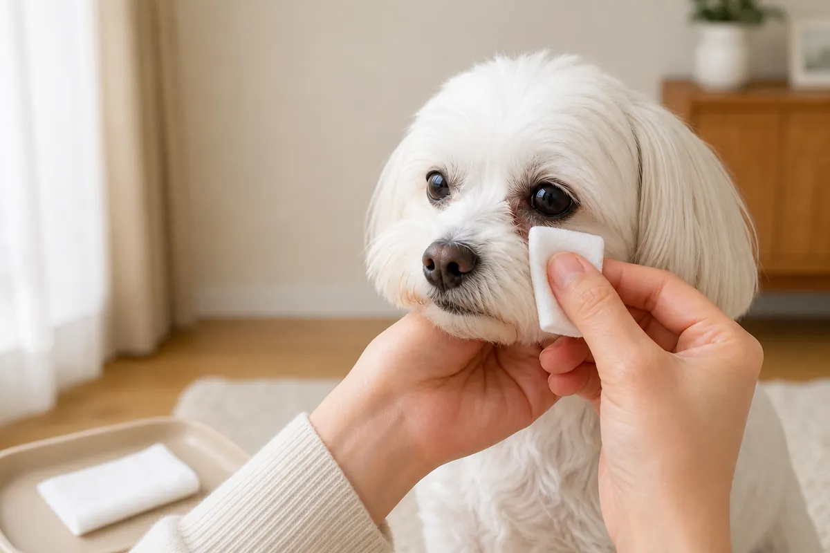 白いマルチーズの目元へ湿らせた清潔なガーゼを飼い主がやさしく当てている