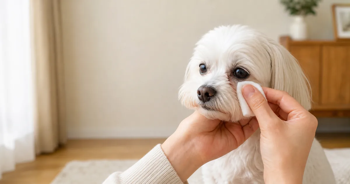 白い犬の目の下を清潔なコットンでやさしく拭く飼い主