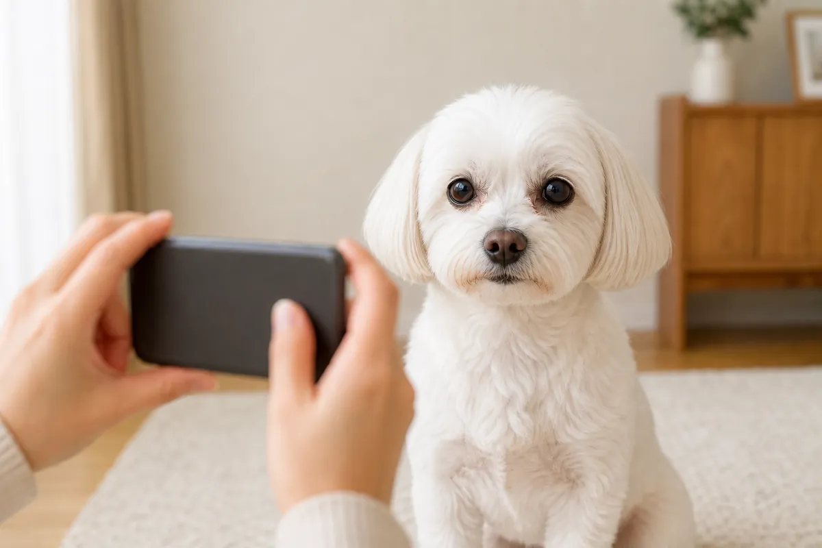 白いマルチーズの正面の目元を飼い主がスマートフォンで撮影している