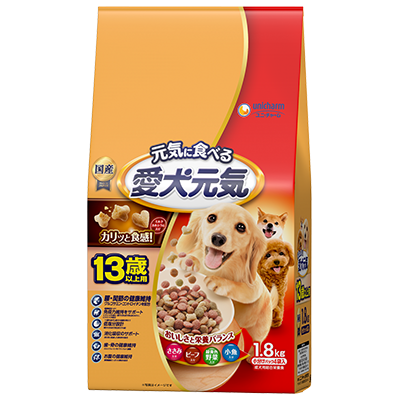 愛犬元気 13歳以上用 ささみ・ビーフ・緑黄色野菜・小魚入りのパッケージ