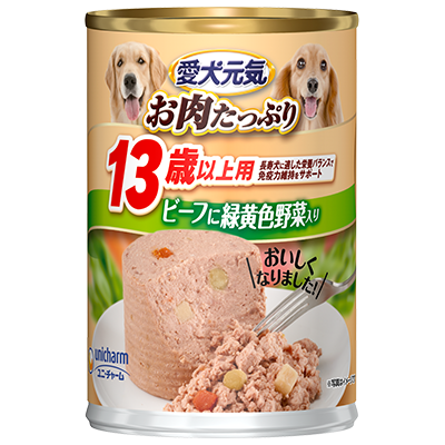 愛犬元気 缶 13歳以上用 ビーフに緑黄色野菜入りのパッケージ
