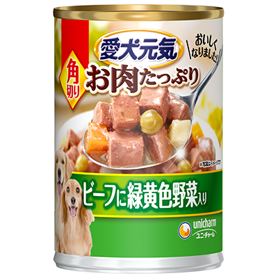 愛犬元気 缶 角切り ビーフに緑黄色野菜入りのパッケージ