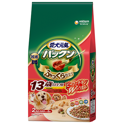愛犬元気 パックン 13歳以上用 ビーフ・ささみ・緑黄色野菜・小魚入りのパッケージ