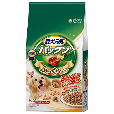 愛犬元気 パックン 成犬用 ビーフ・チキン・緑黄色野菜・小魚・チーズ入りのパッケージ