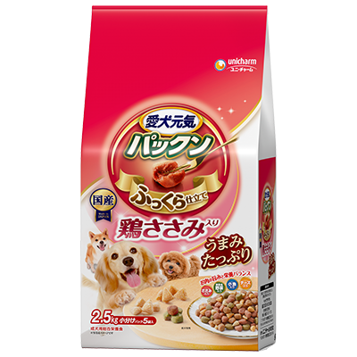 愛犬元気 パックン 鶏ささみ入り 成犬用 ささみ・緑黄色野菜・小魚・チーズ入りのパッケージ