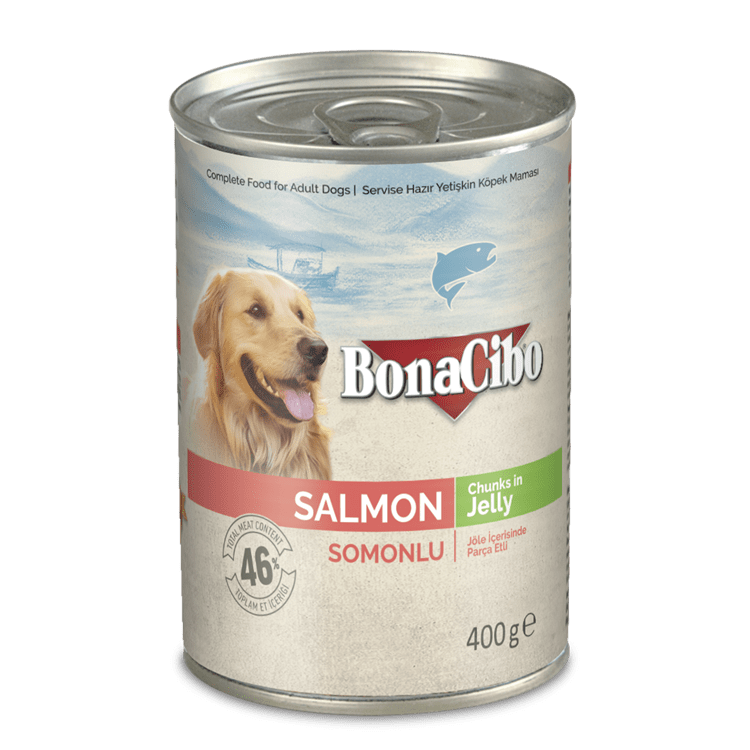 ボナシーボ 成犬用 缶詰 サーモン in ゼリーのパッケージ