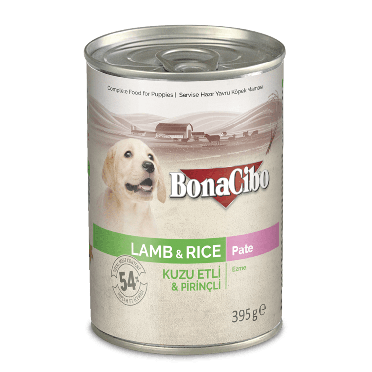 ボナシーボ 子犬用 缶詰 ラム＆ライス パテのパッケージ