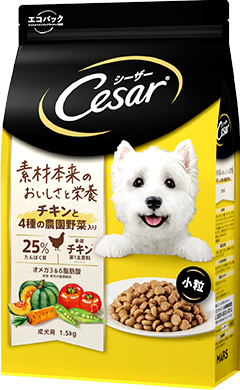 シーザー 素材本来のおいしさと栄養 成犬用 チキンと4種の農園野菜入り 小粒（1.5kg）のパッケージ