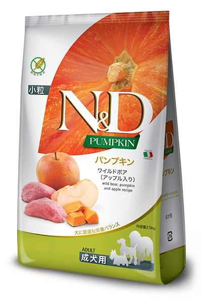 N&Dパンプキン ワイルドボア(アップル入り)成犬用のパッケージ