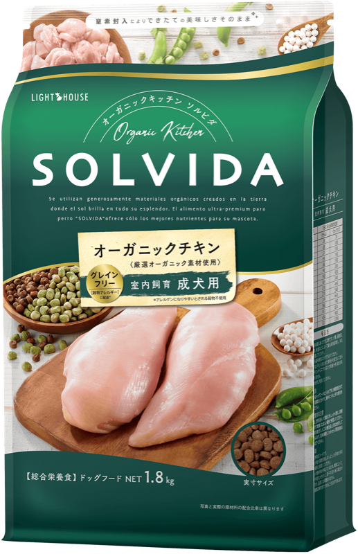 ソルビダ グレインフリー チキン 室内飼育成犬用のパッケージ