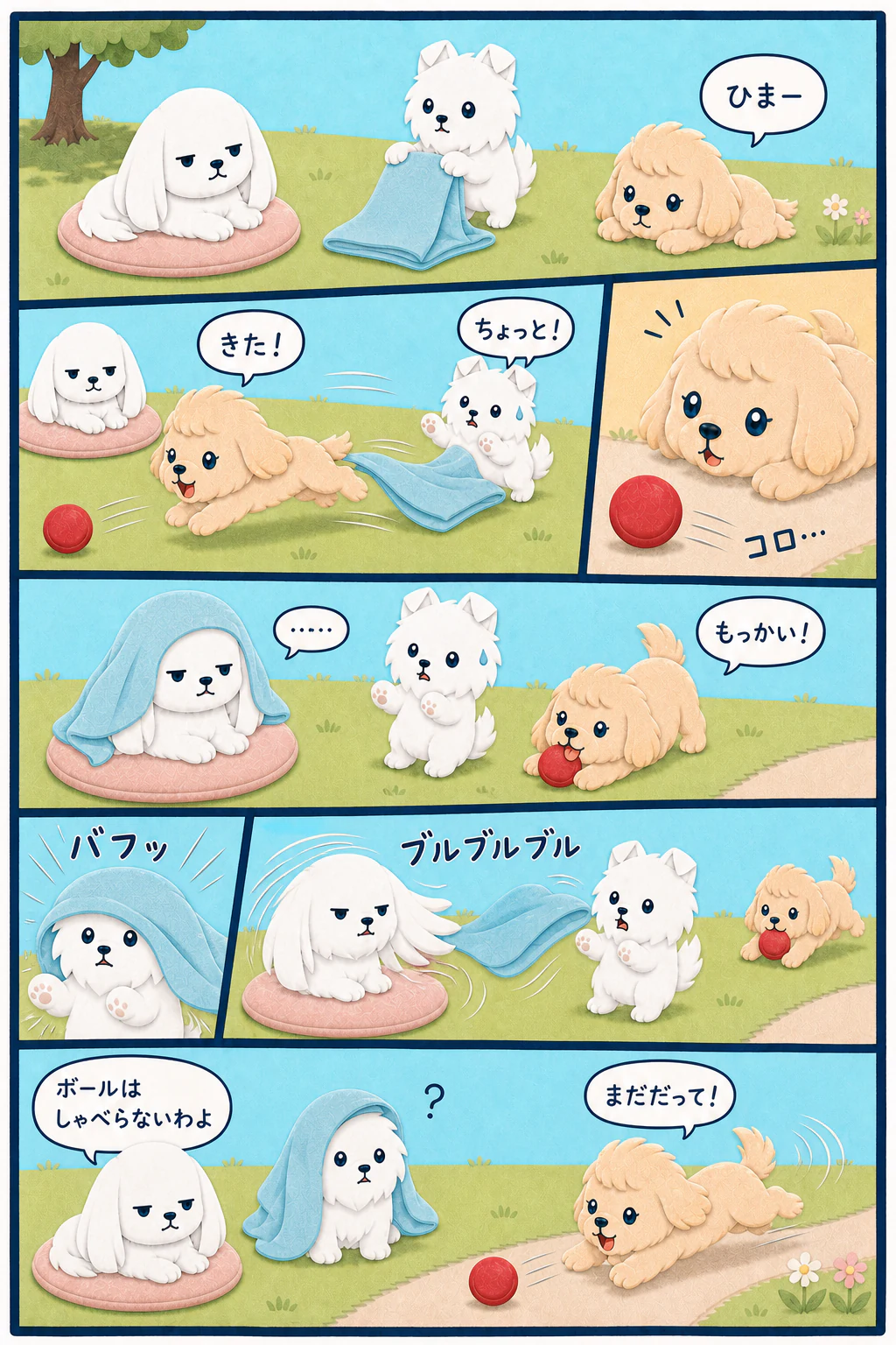 公園で赤いボールを追うココが毛布を引っかけ、マルとポテを巻き込む7コマ漫画