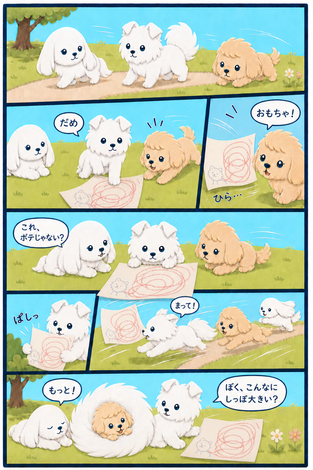 風に飛ばされた犬の絵をマル、ココ、ポテが追いかけ、大きなしっぽを見比べる7コマ漫画