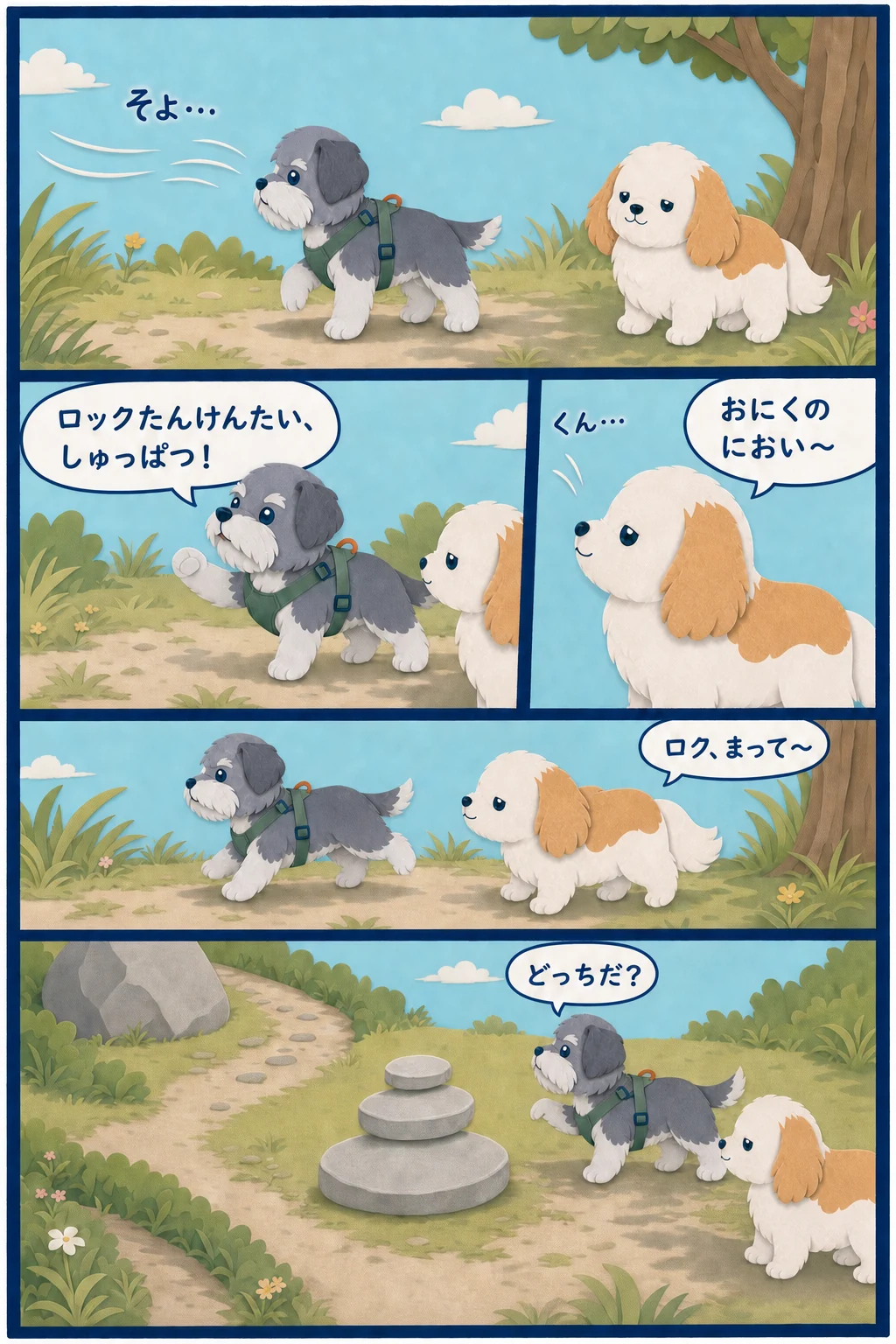かぜでおにくのにおいに気づいたドラと、探検に出発するロクが、ふたつに分かれた道の前で立ち止まる5コマ漫画