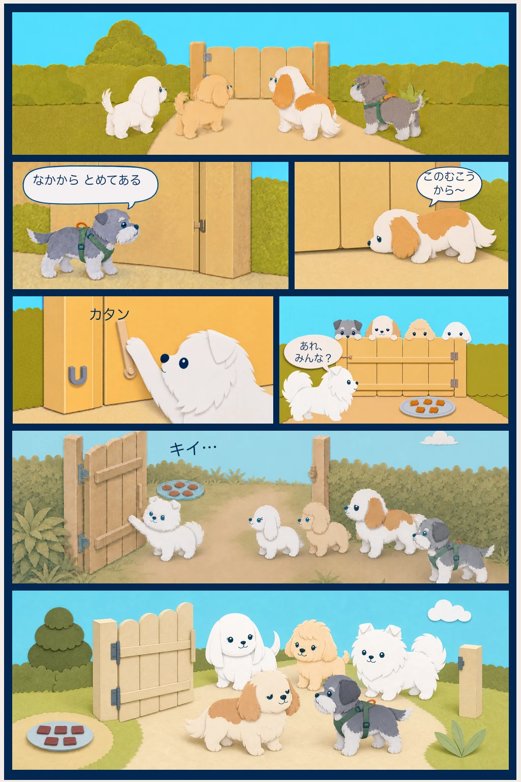 閉じた木戸の前に着いた4匹が内側のポテに気づき、ポテが留め具を外して木戸を開け、5匹で合流する7コマ漫画