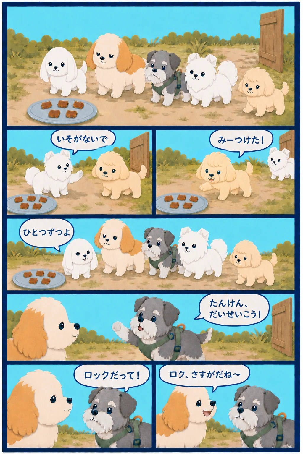 木戸の中で5匹が皿に載った5つのお肉を見つけ、ポテがココを止め、マルが一匹ひとつと提案し、ロクがドラへ「ロック」と呼び名を訂正する7コマ漫画