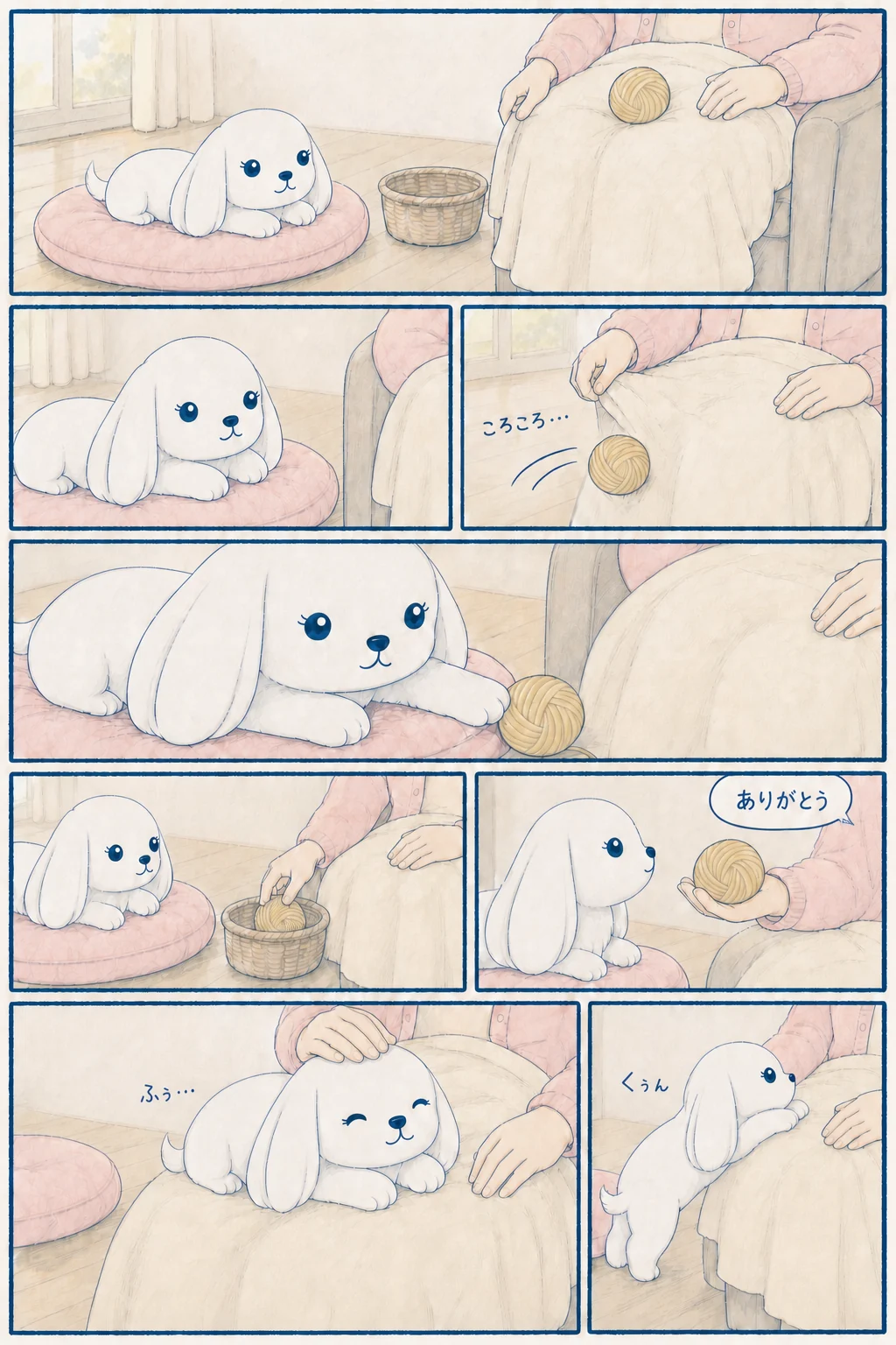 膝から転がった毛糸玉をマルが前足で止め、毛糸玉を拾ってもらったあと空いた膝へ上がってくつろぐ8コマ漫画