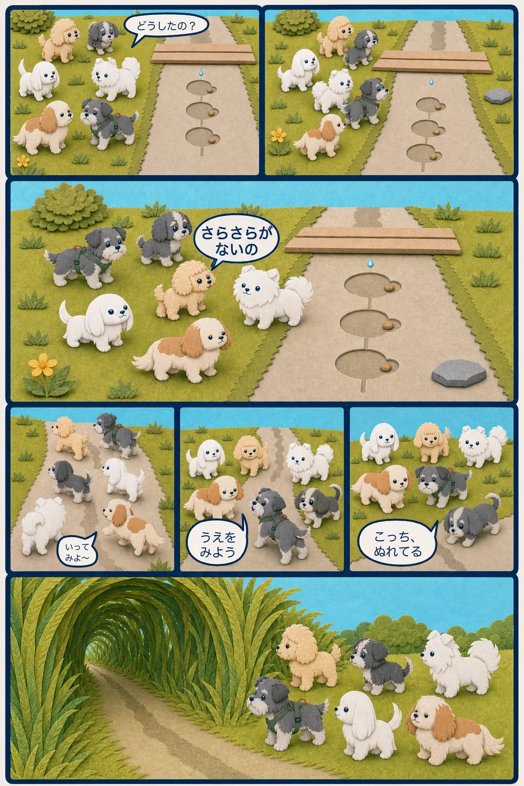 ココとテンに呼ばれたマル、ポテ、ドラ、ロクが乾いた川辺へ集まり、6匹で細いぬれた跡を上流の草のトンネルまでたどる7コマ漫画