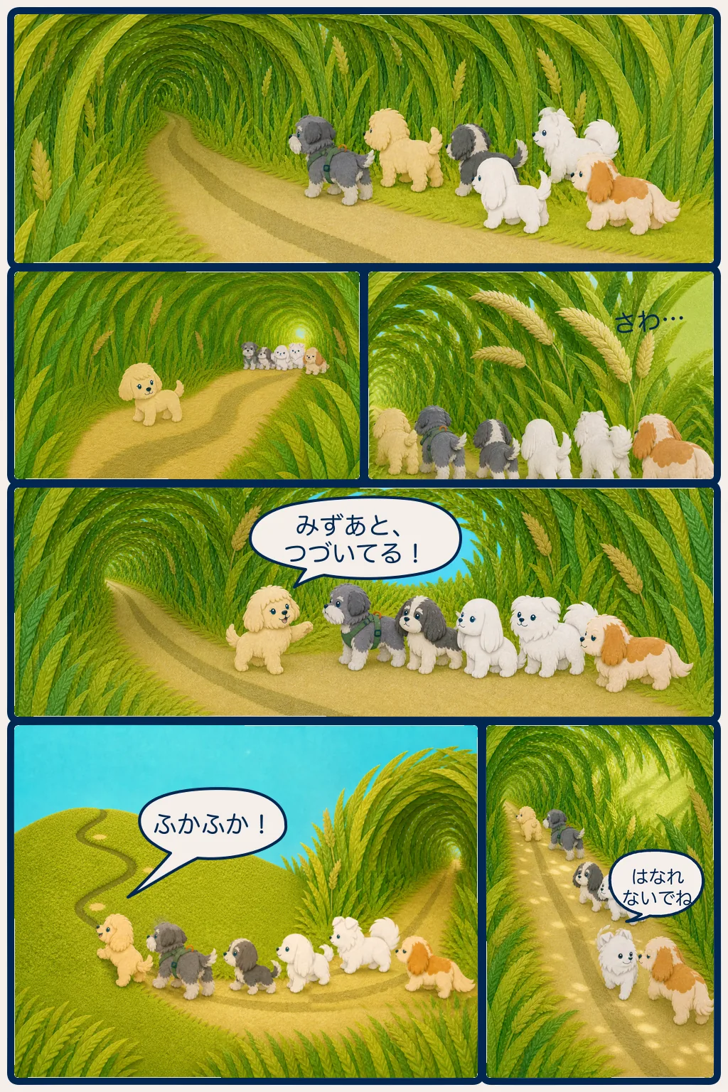 草のトンネルに入った6匹が、続くぬれた跡を確かめながら離れずに進み、やわらかな苔の丘へ着く6コマ漫画
