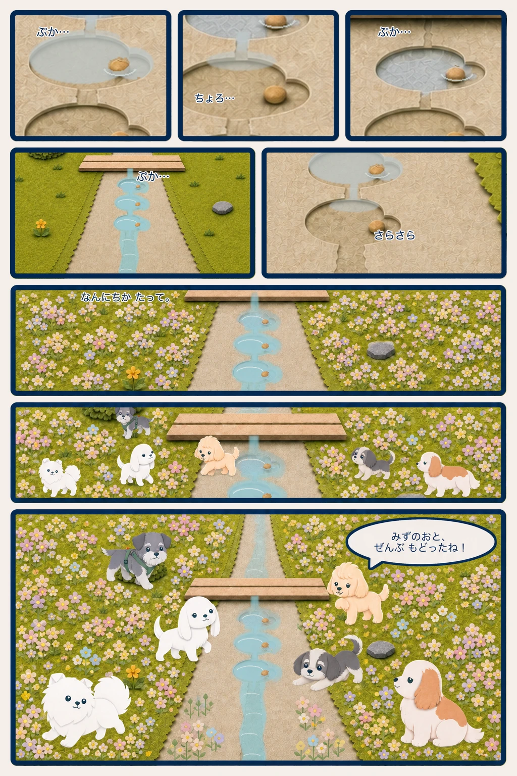 橋の下の三つのくぼみに水が戻り、数日後に花いっぱいの水辺で6匹が喜ぶ8コマ漫画