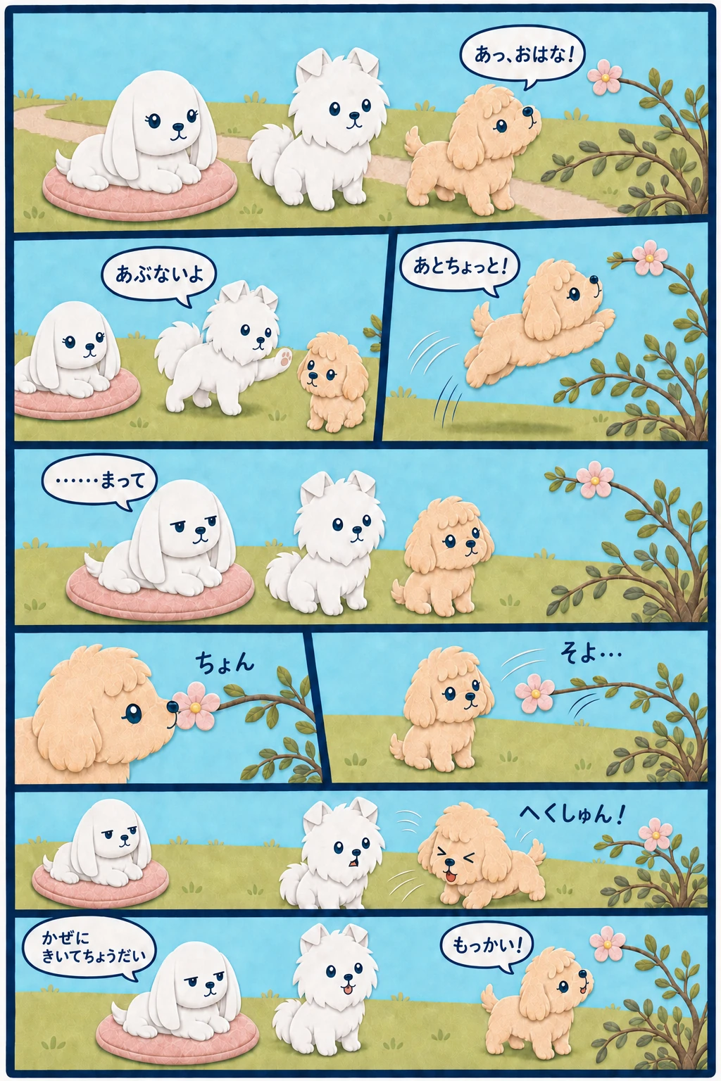 花へジャンプするココをポテが見守り、マルのひと言で風を待つ三匹。近づいた花がココの鼻に触れ、くしゃみをする8コマ漫画