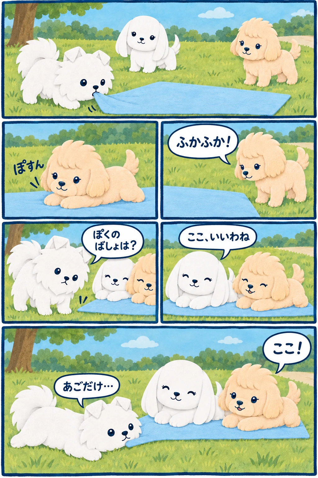 ポテがひろげた水色のもうふにココとマルが横になり、あいた場所をさがすポテが、もうふのはしにあごだけをのせる6コマ漫画