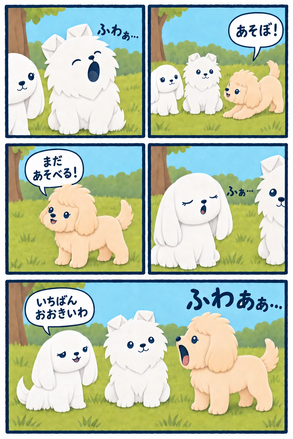 ココがマルとポテを遊びにさそい、ポテ、マルの順にあくびがうつったあと、まだ遊べるとむねをはったココが一番大きなあくびをする5コマ漫画