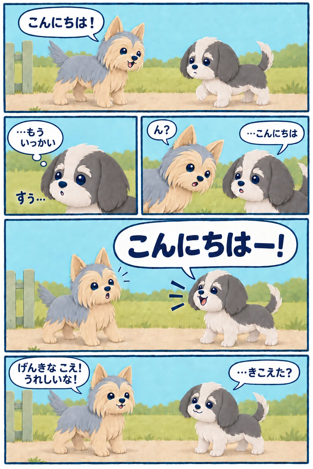 にわの入り口でツムがテンをむかえ、小さな声で返事をしたテンが、聞き返されてから大きな声でもう一度あいさつを届ける5コマ漫画