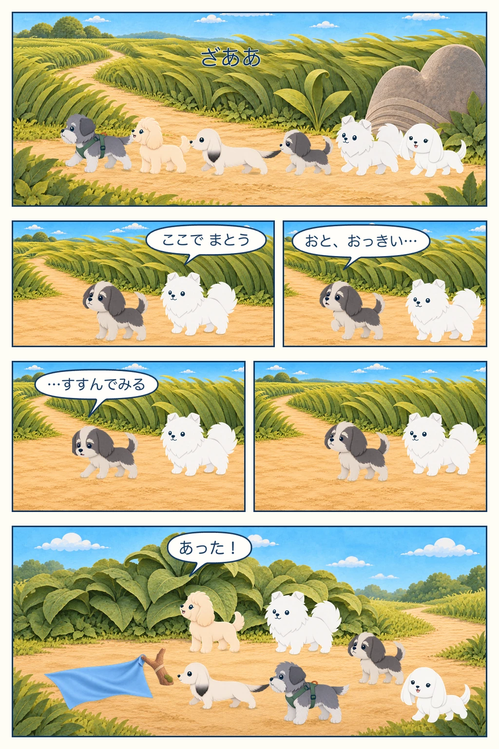 風に揺れる草の大きな音にテンが足を止め、ポテと風が弱まるのを待ち、六匹で道を進んで枝にかかった水色の毛布を見つける6コマ漫画