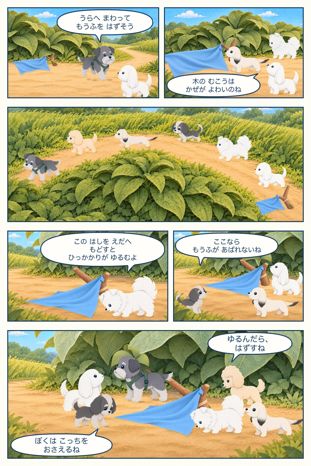 マルが木の向こうの風の弱さに気づき、六匹で木の裏へ回り、枝にかかった毛布を外す方法とそれぞれの役割を相談する6コマ漫画