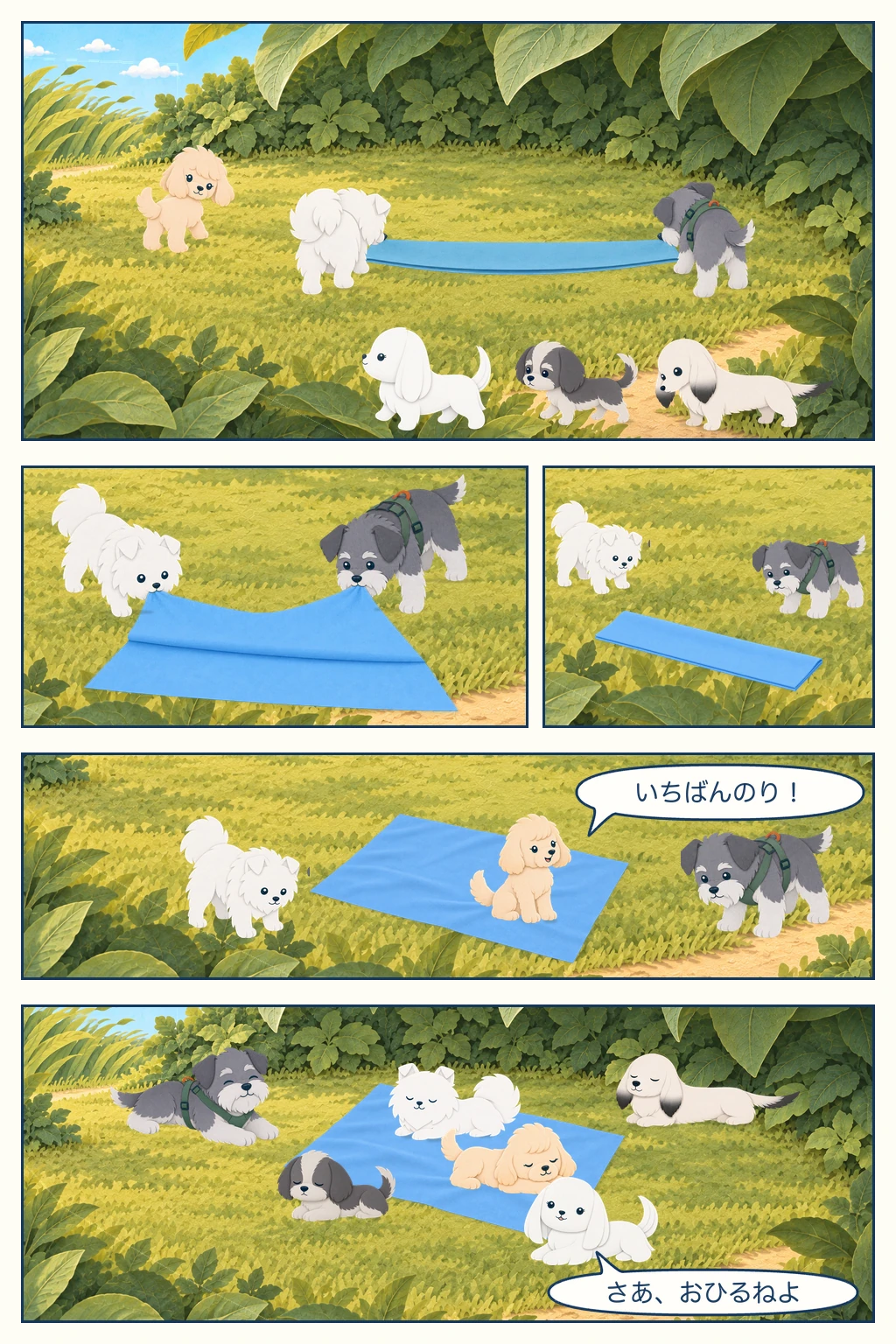 六匹が木かげの草の広場へ毛布を運び、ロクとポテが広げた毛布にココが座り、みんなでおひるねをする5コマ漫画