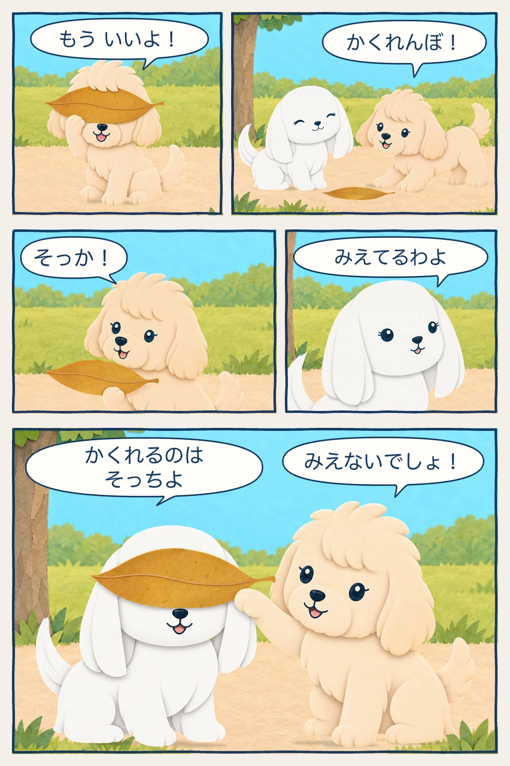 かくれんぼにさそったココが、はっぱでじぶんの目をかくし、マルに見えていると言われると、こんどはマルの目をかくす5コマ漫画