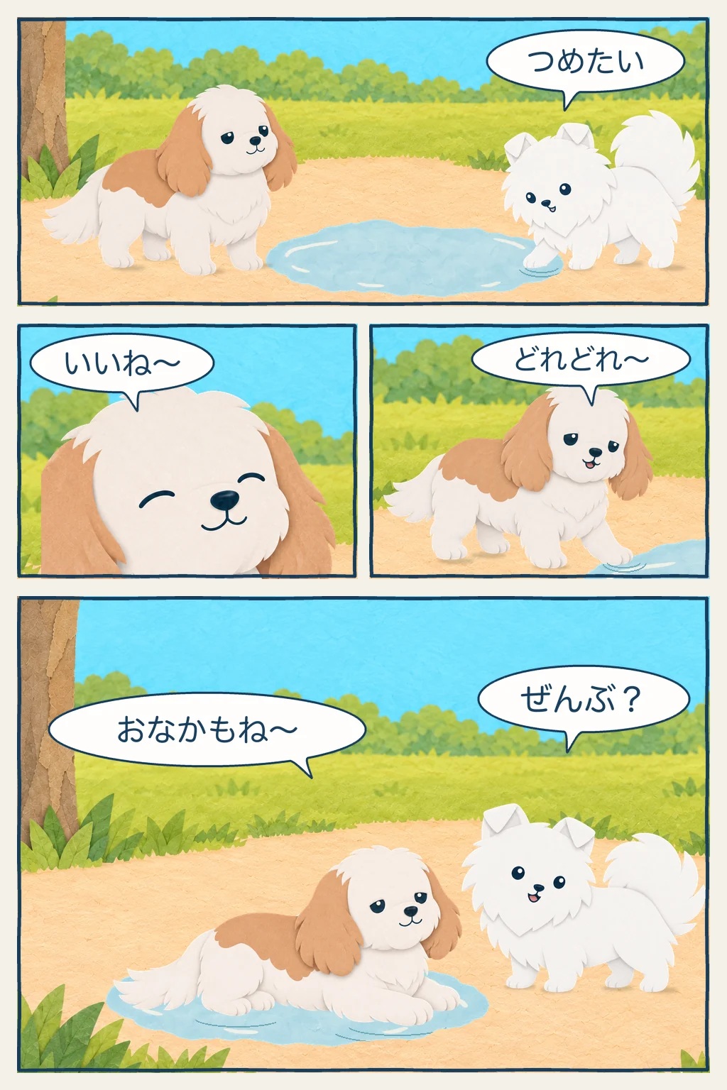 ポテがみずたまりに前足を入れて冷たさを伝えると、ドラも前足を入れ、最後はおなかまでひんやりさせようと浅いみずたまりに寝そべる4コマ漫画