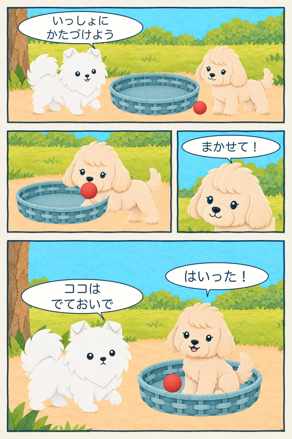 ポテにさそわれてボールをかたづけるココが、ボールといっしょに自分もかごへ入り、ポテに「ココは でておいで」と声をかけられる4コマ漫画
