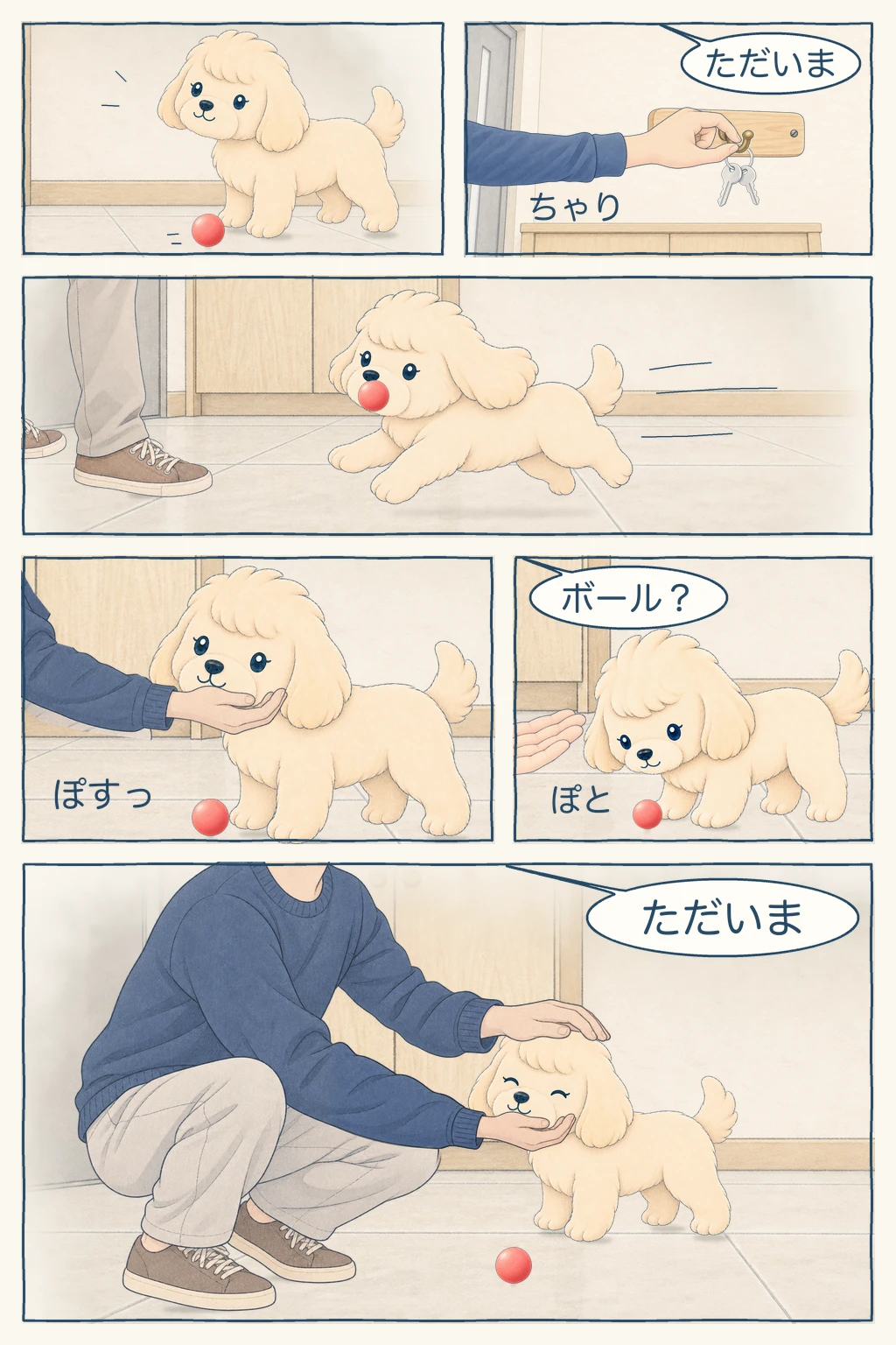 帰宅の音に気づいたココがボールをくわえて駆け寄り、さし出された手の前にボールを置く。手のひらにあごを預け、頭をなでてもらって目を閉じる6コマ漫画