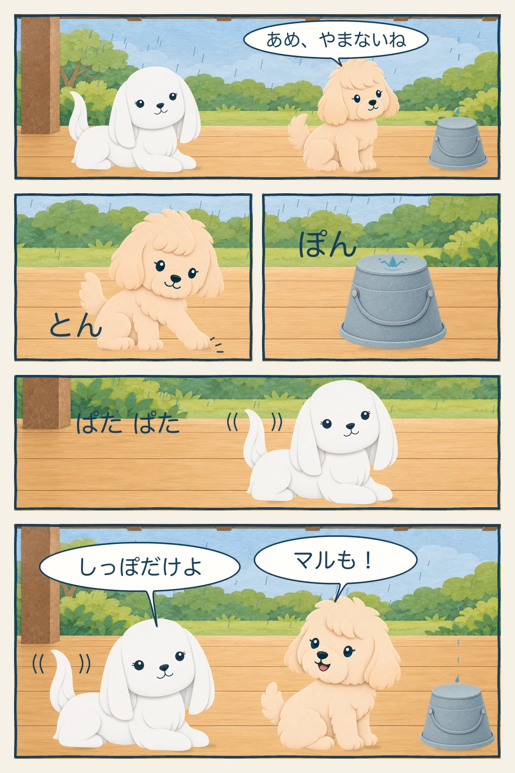 雨を見ているマルとココ。逆さのバケツに当たる雨のしずくに、ココは前足、マルはしっぽで音を合わせる。ココに「マルも！」と言われ、マルが「しっぽだけよ」と答える5コマ漫画