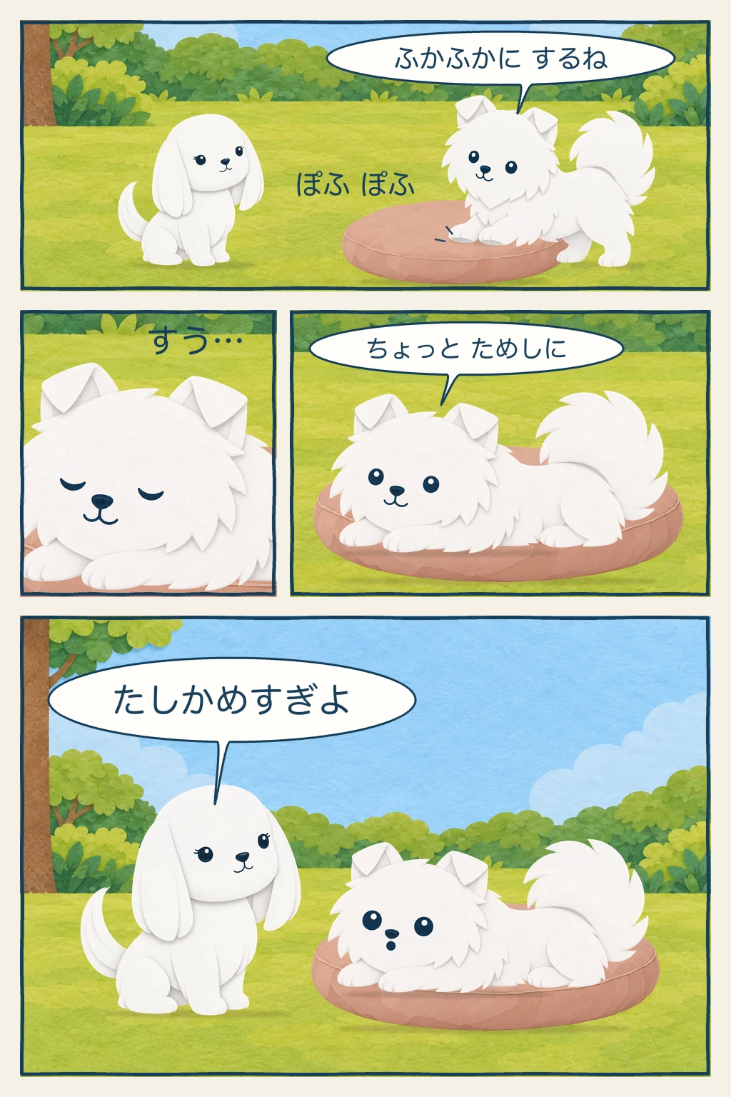 マルのクッションを前足で「ぽふ ぽふ」とおすポテ。寝心地を試しているうちに眠ってしまい、マルに「たしかめすぎよ」と言われ、びっくりして目をあける4コマ漫画